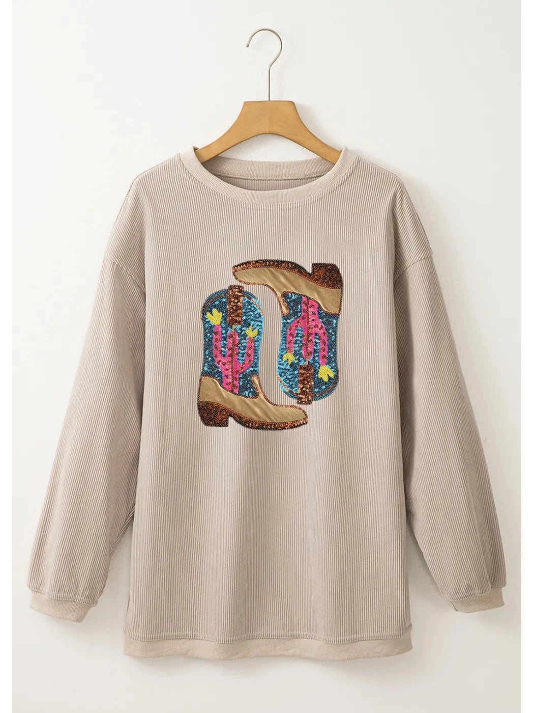 Women Full Size Sequin Boots Round Neck Long Sleeve Sweatshirt nicholesgifts