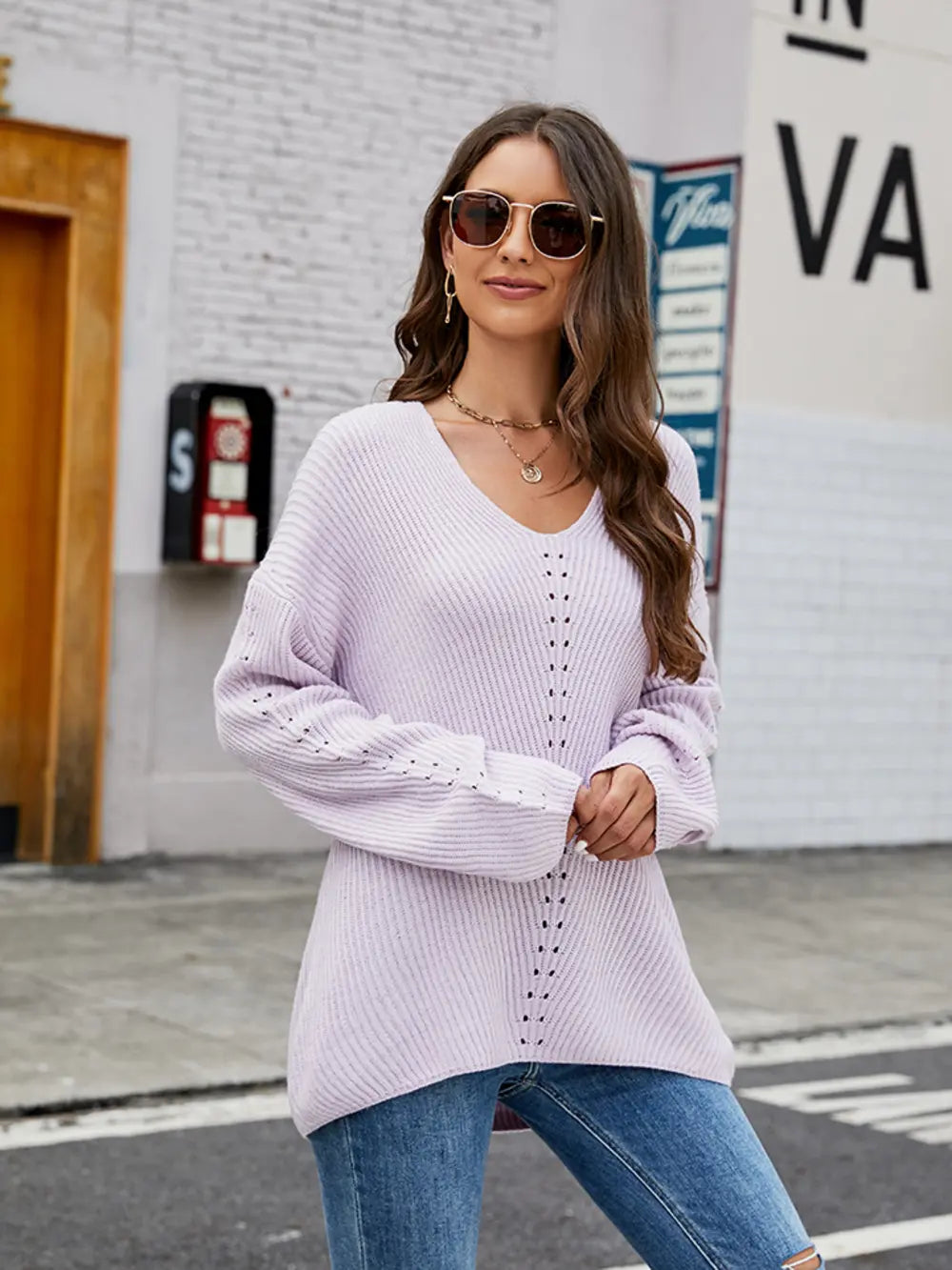 Openwork Dropped Shoulder Long Sleeve Sweater nicholesgifts