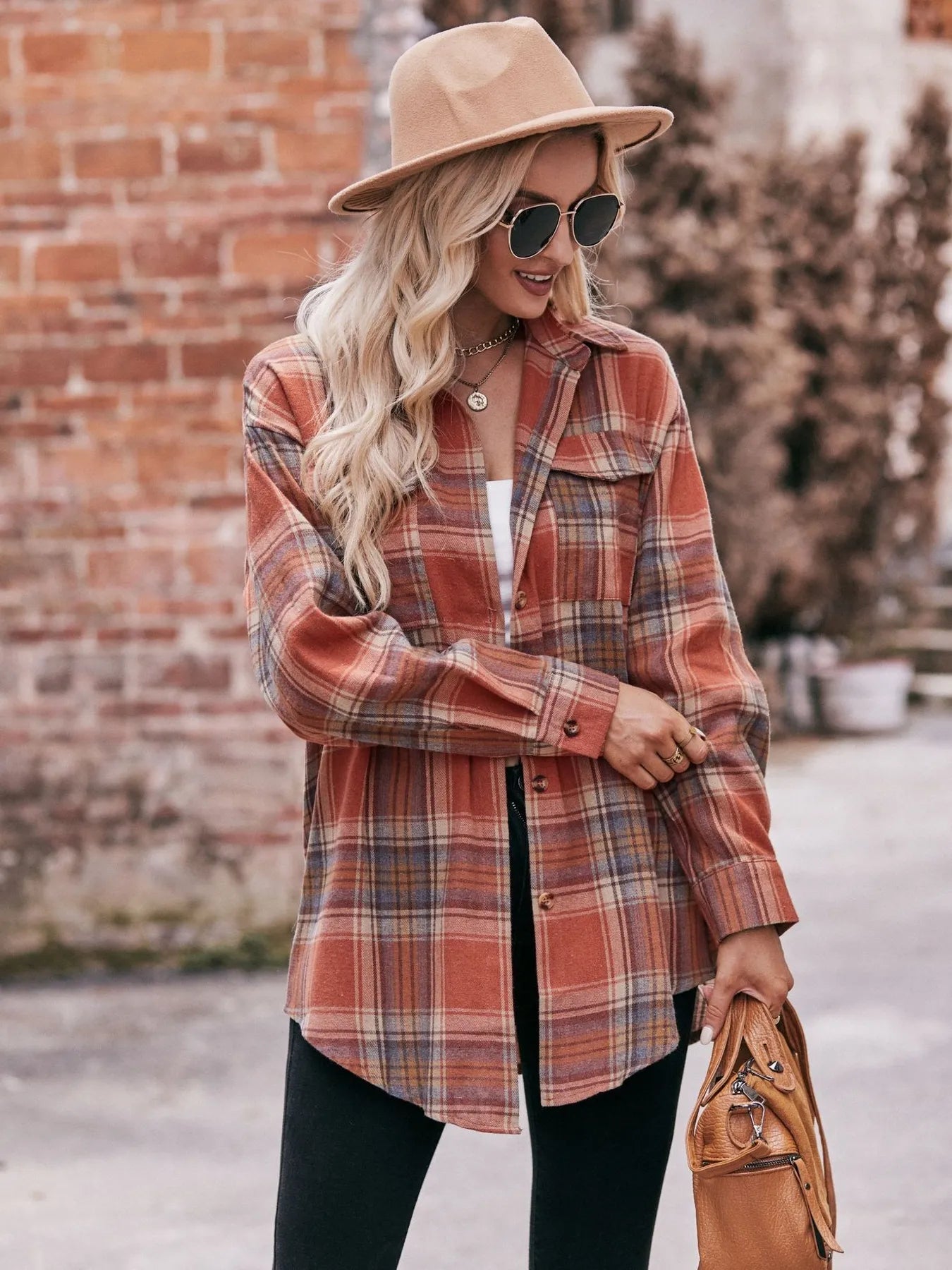 Plaid Button-Down Long Sleeve Shirt Trendsi