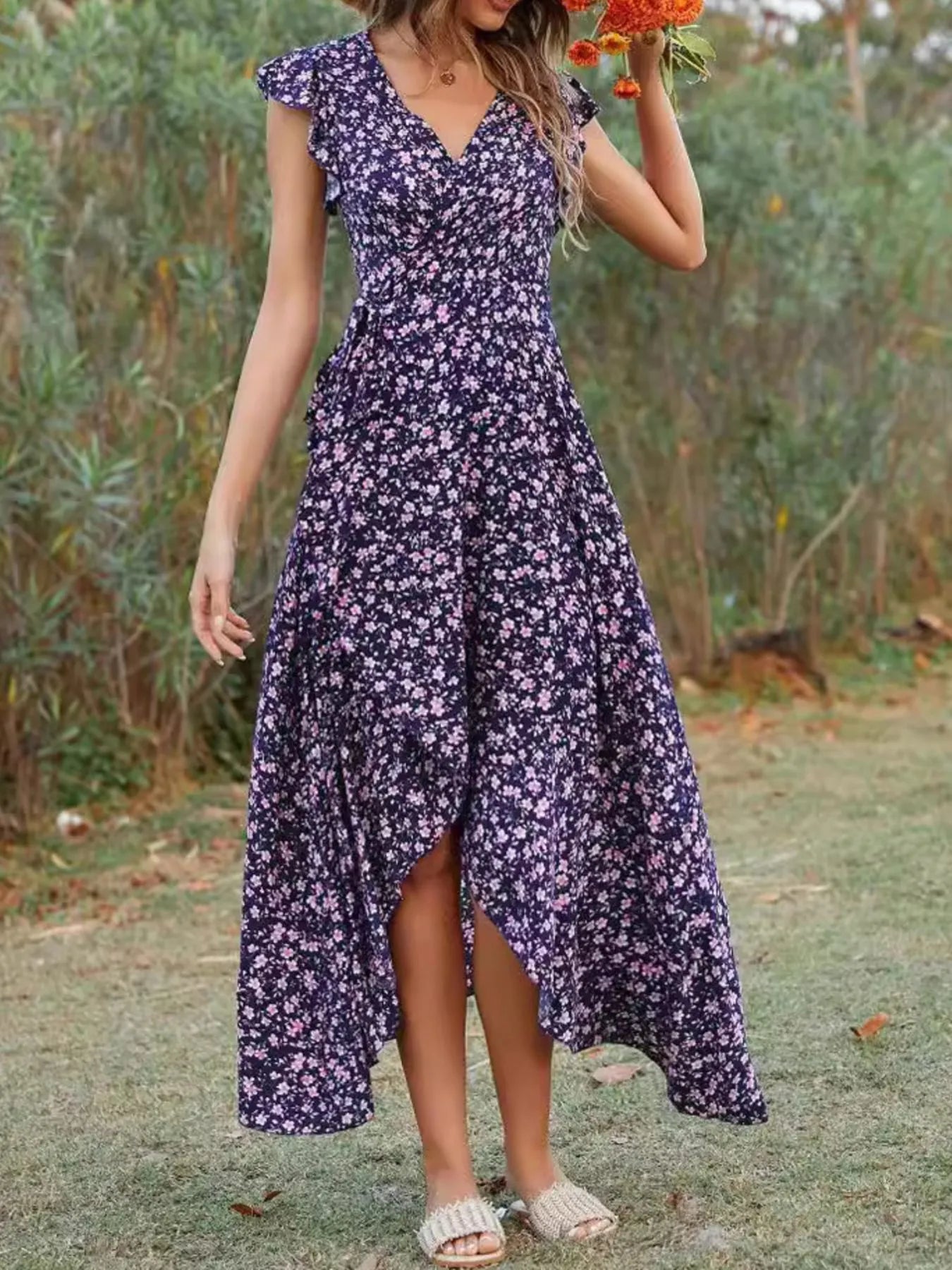 Printed Surplice Ruffle Sleeve Dress NicholesGifts