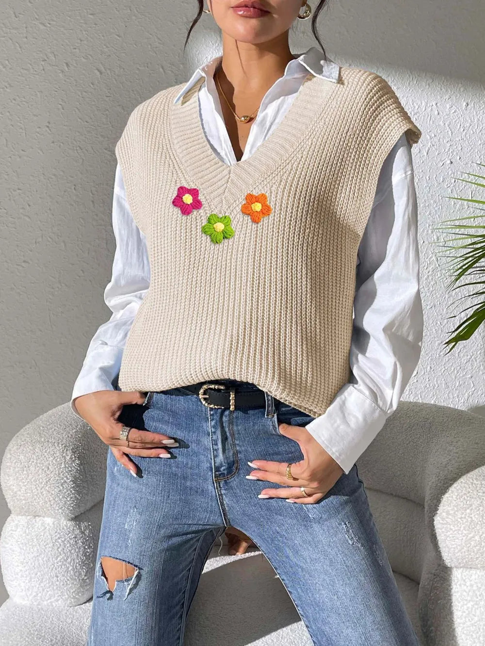 Flower V-Neck Sweater Vest nicholesgifts