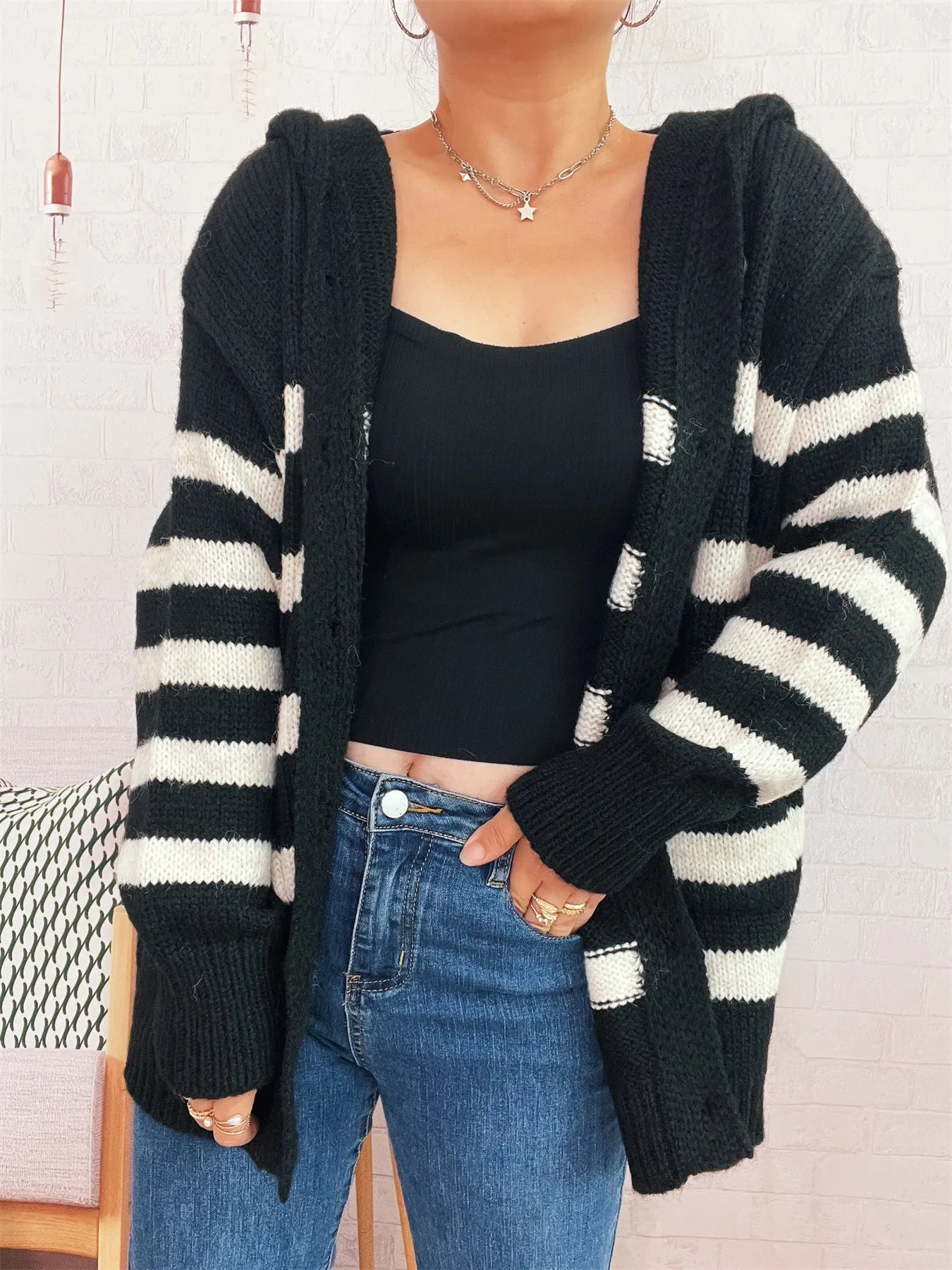 Striped Button-Up Hooded Cardigan