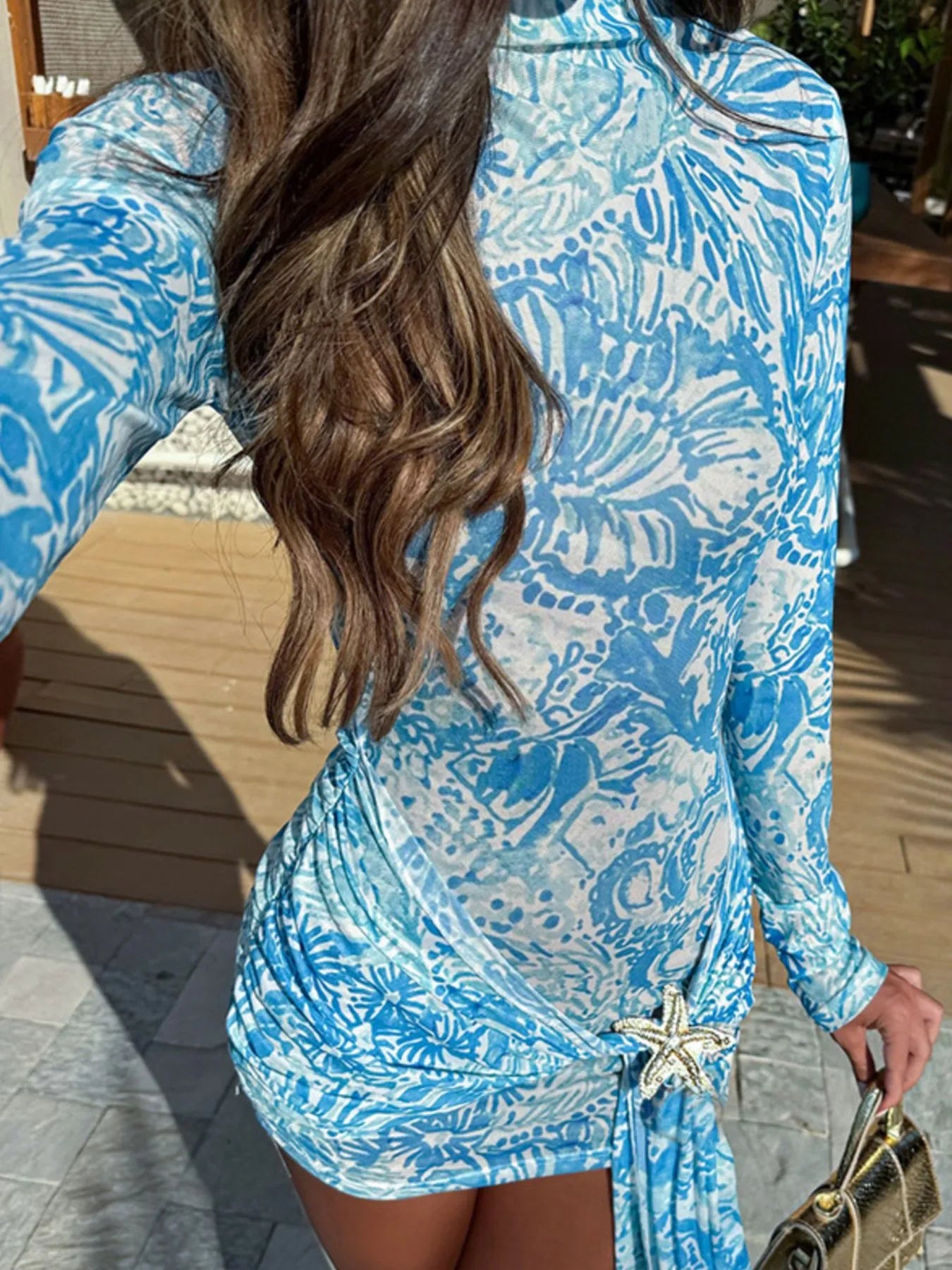 Printed Mock Neck Long Sleeve Mini Dress NicholesGifts