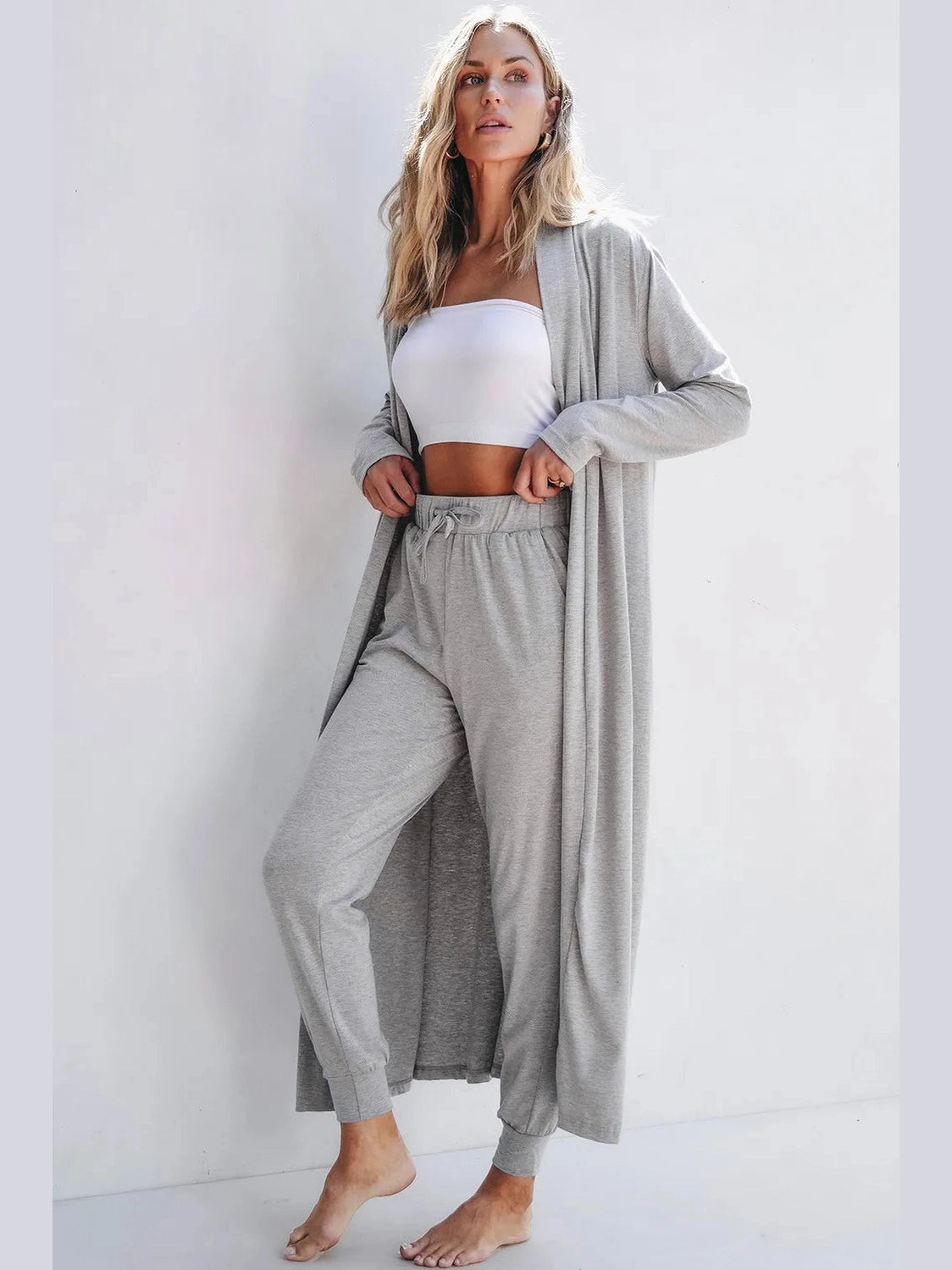 Open Front Long Sleeve Cardigan and Pants Lounge Set nicholesgifts
