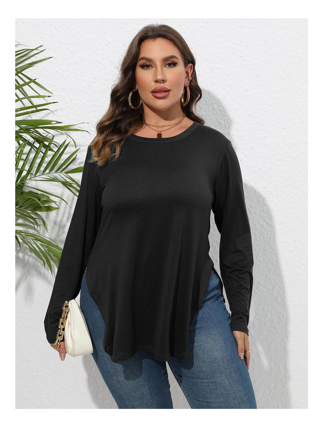 Women Plus Size Round Neck Long Sleeve Slit T-Shirt nicholesgifts