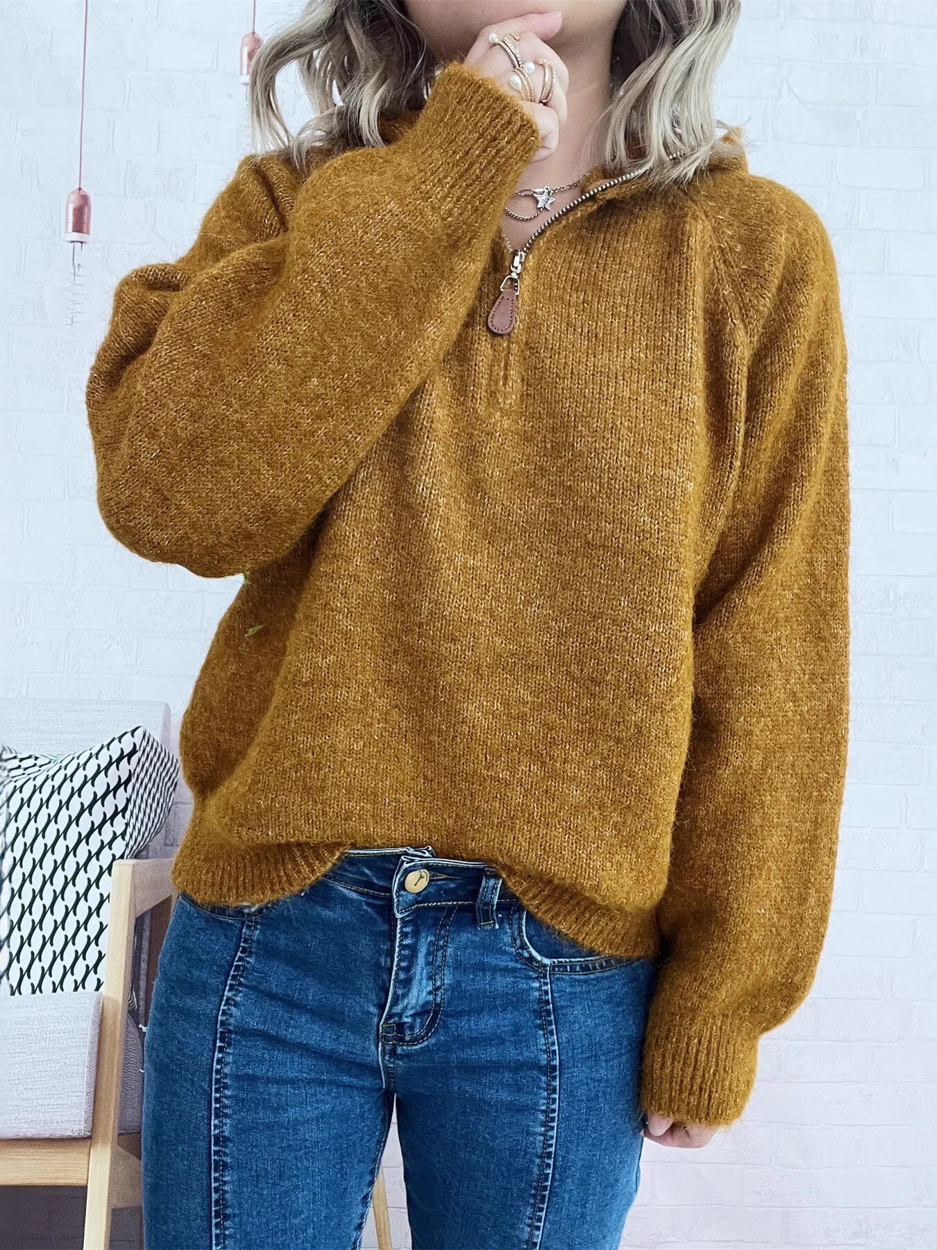 Quarter Zip Ribbed Hem Sweater