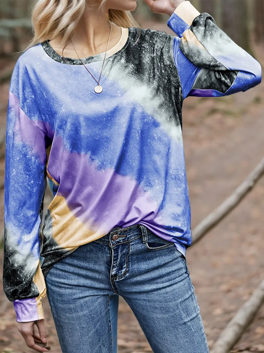 Shiny Printed Round Neck Long Sleeve T-Shirt NicholesGifts