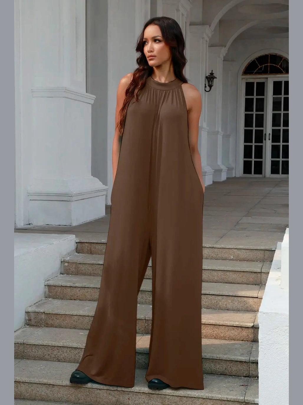 Double Take Full Size Tie Back Cutout Sleeveless Jumpsuit nicholesgifts