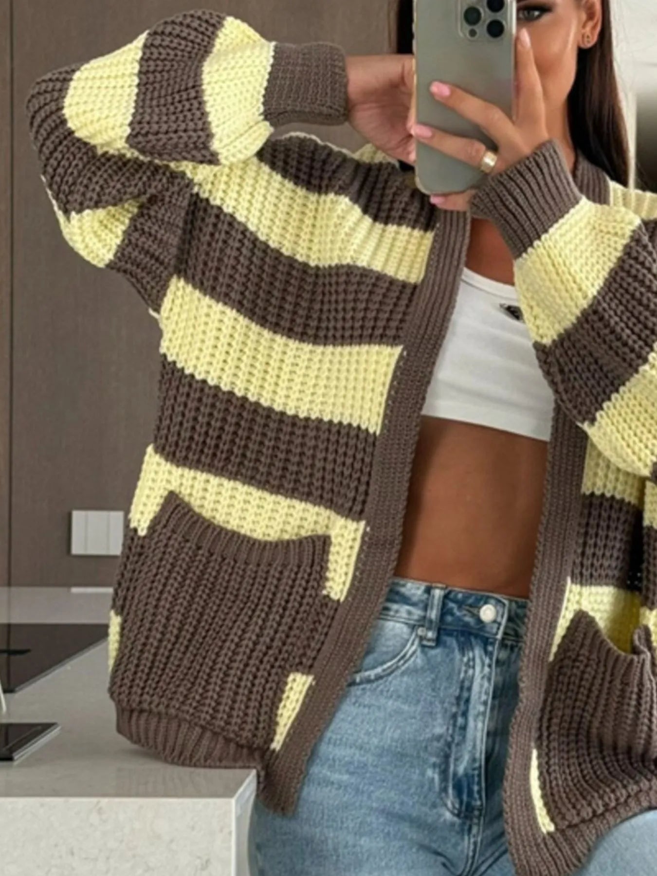 Striped Open Front Long Sleeve Cardigan Trendsi