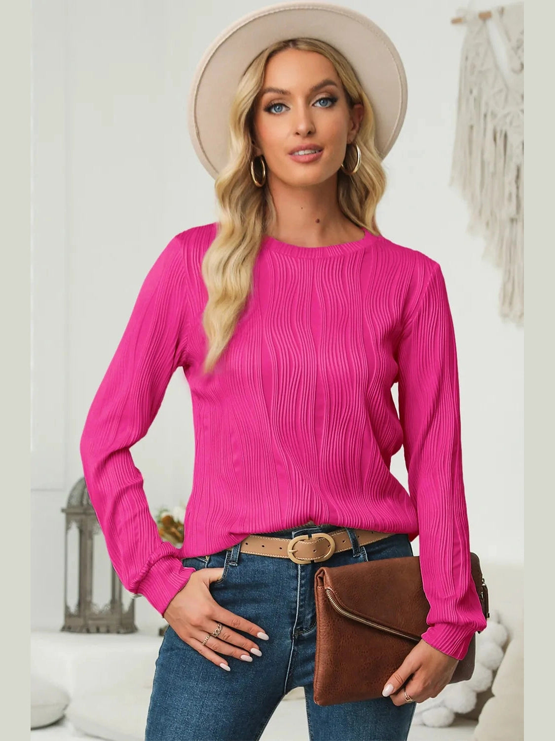 Textured Round Neck Long Sleeve Blouse NicholesGifts