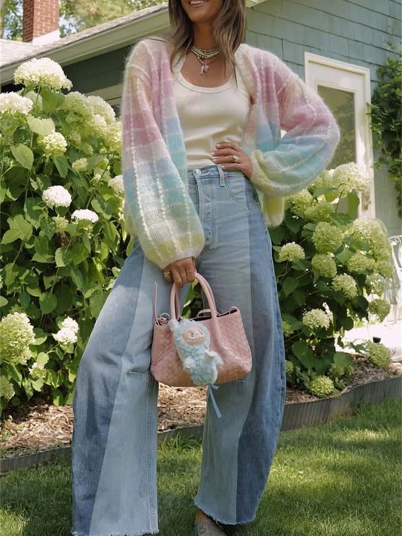 Rainbow Plaid Open Front Cardigan