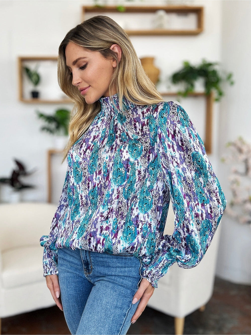 Women Double Take Full Size Printed Smocked Long Sleeve Blouse nicholesgifts