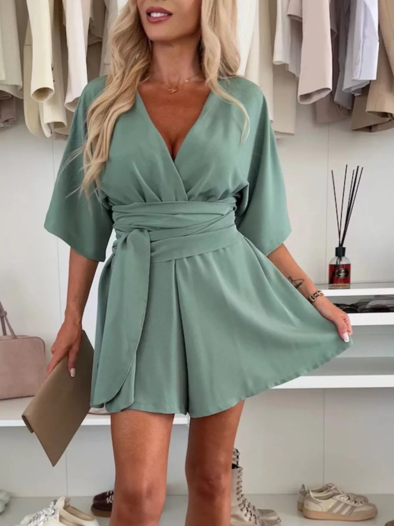 Full Size Surplice Tie Waist Romper Plus Size nicholesgifts