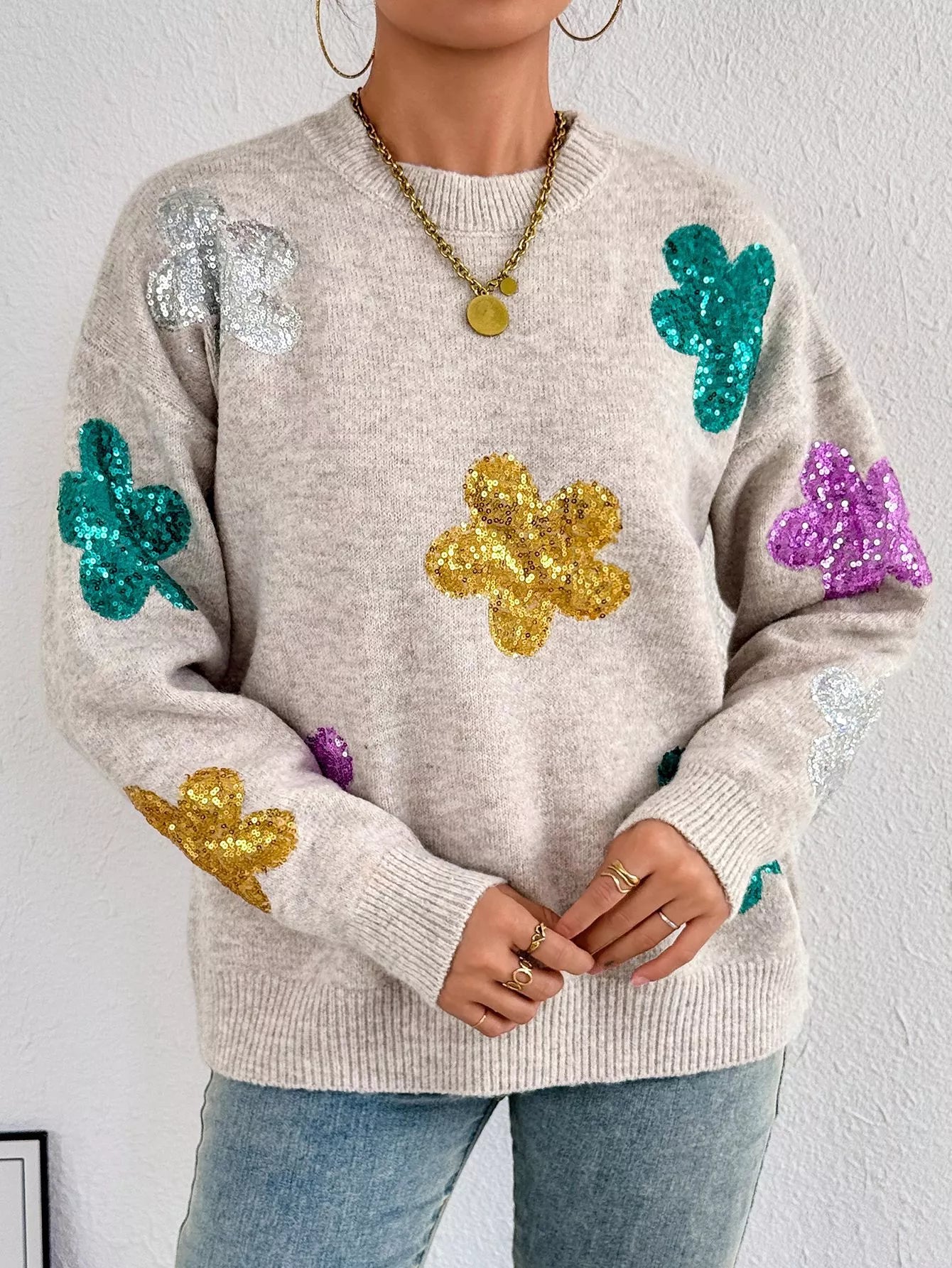 Sequined Floral Round Neck Sweater NicholesGifts