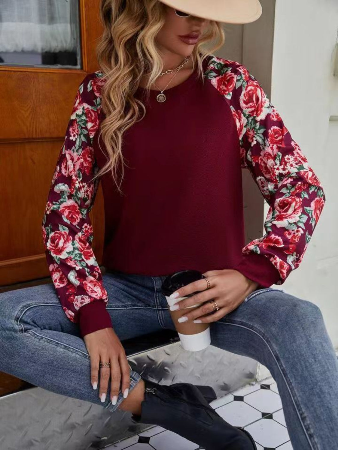 Women Floral Raglan Sleeve Round Neck Sweatshirt nicholesgifts