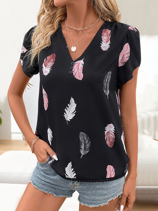 Printed V-Neck Short Sleeve Blouse nicholesgifts