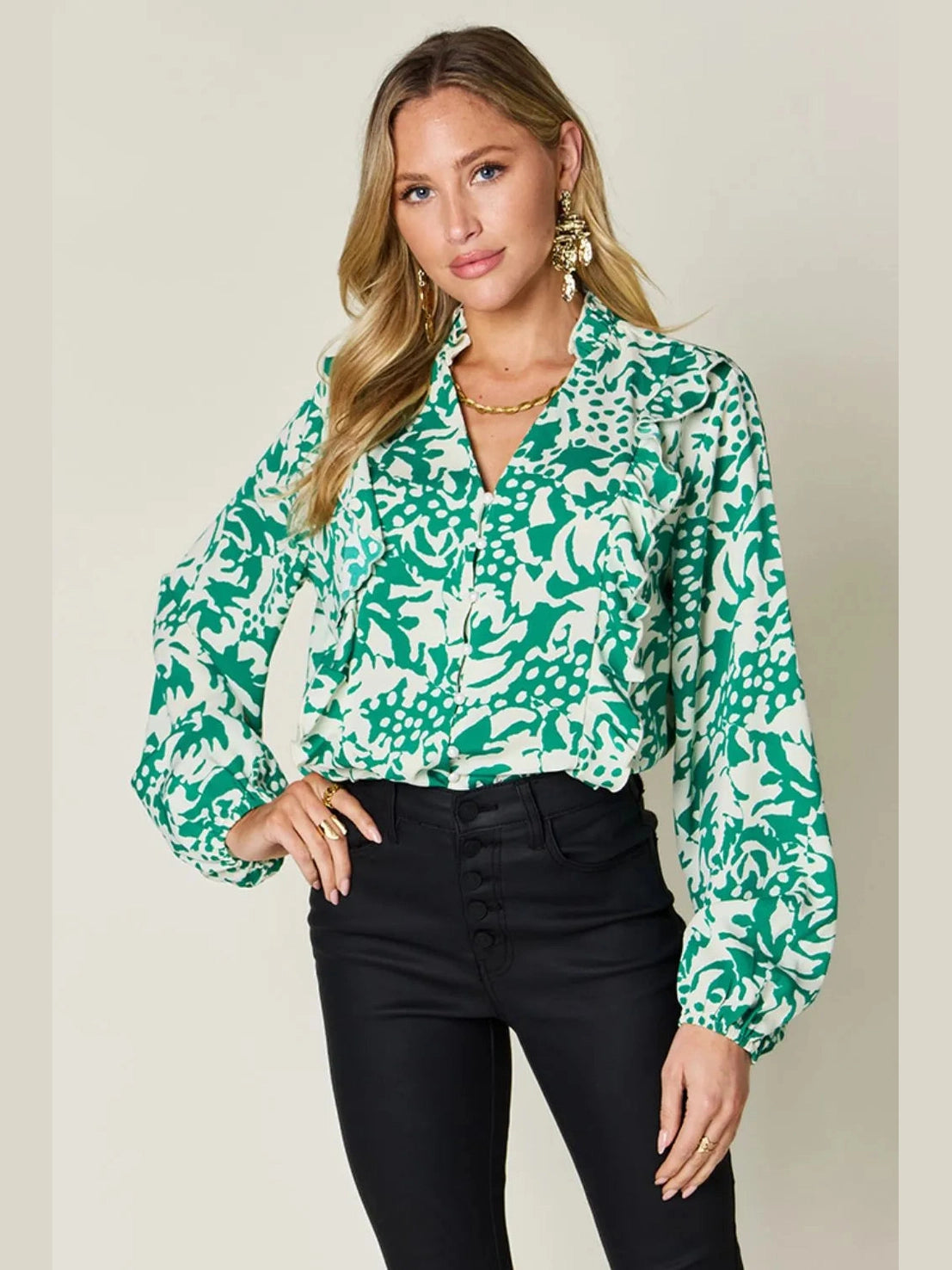 Double Take Full Size Printed Ruffle Trim Balloon Sleeve Shirt