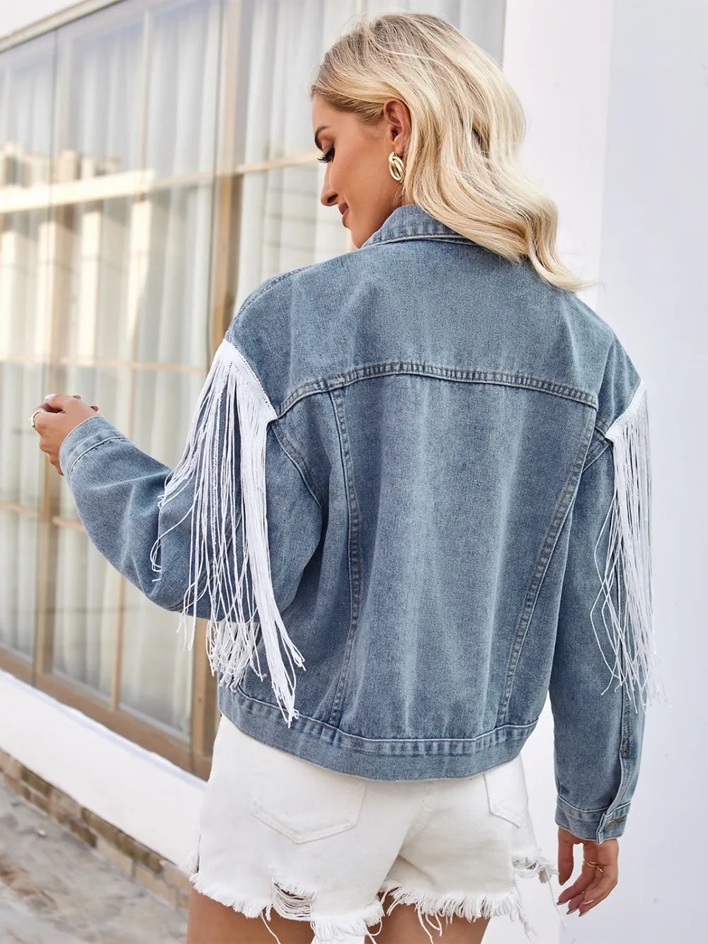 Tassel Button Up Dropped Shoulder Denim Jacket nicholesgifts