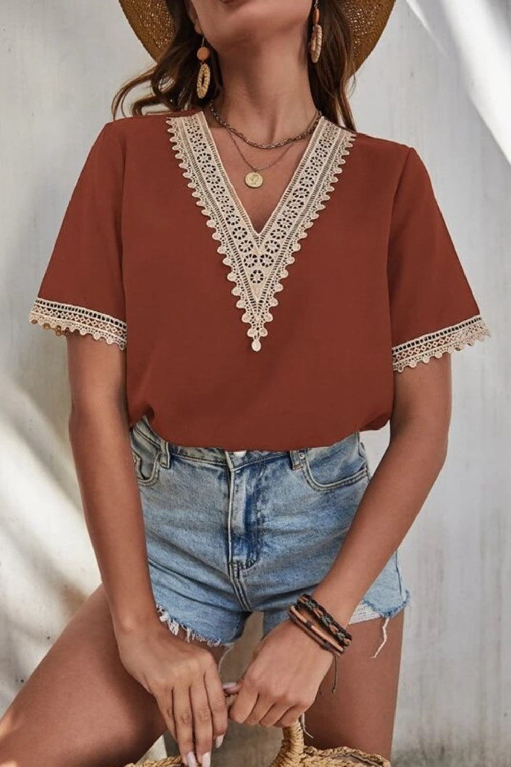 Full Size Lace Detail V-Neck Short Sleeve Blouse nicholesgifts