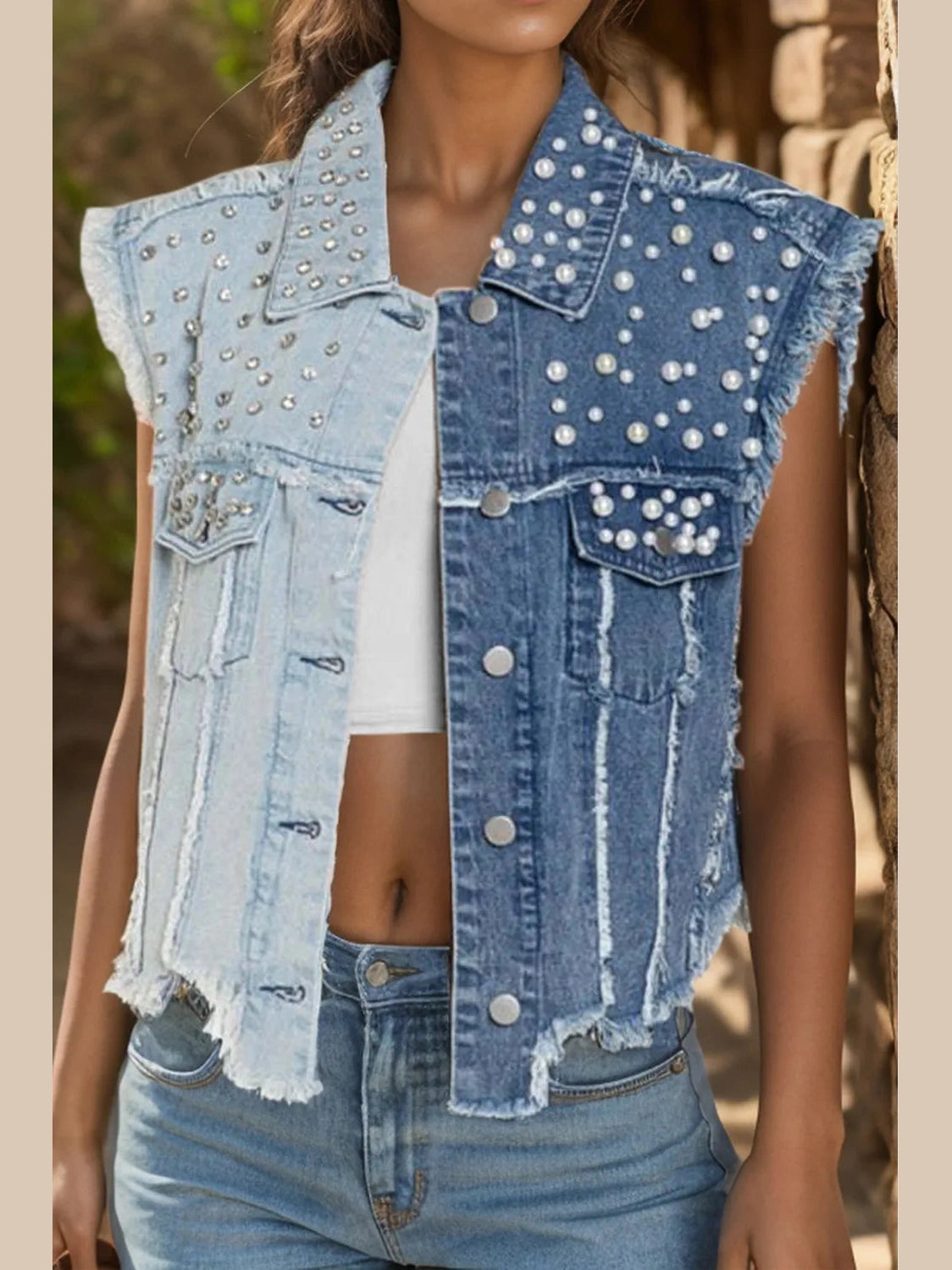 Pearl Raw Hem Sleeveless Denim Jacket nicholesgifts