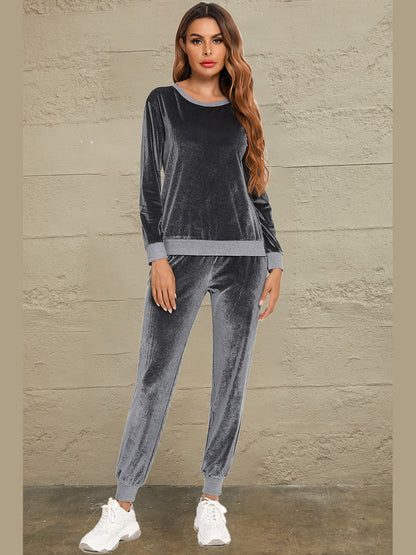 Round Neck Long Sleeve Loungewear Set with Pockets nicholesgifts