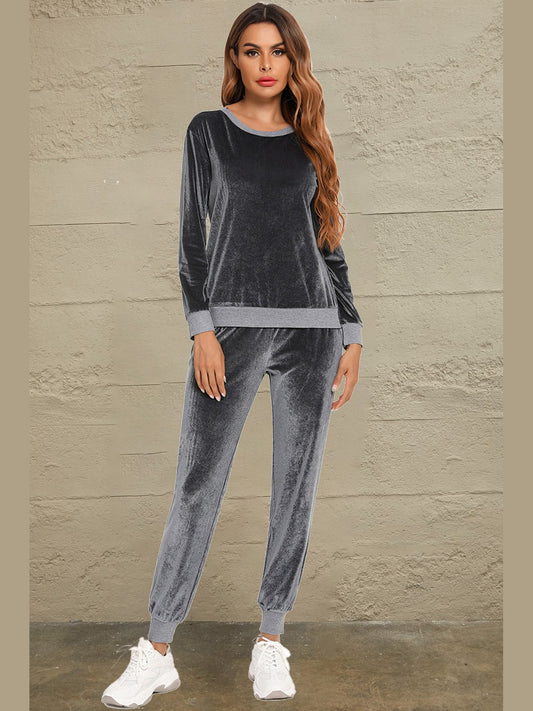 Round Neck Long Sleeve Loungewear Set with Pockets nicholesgifts