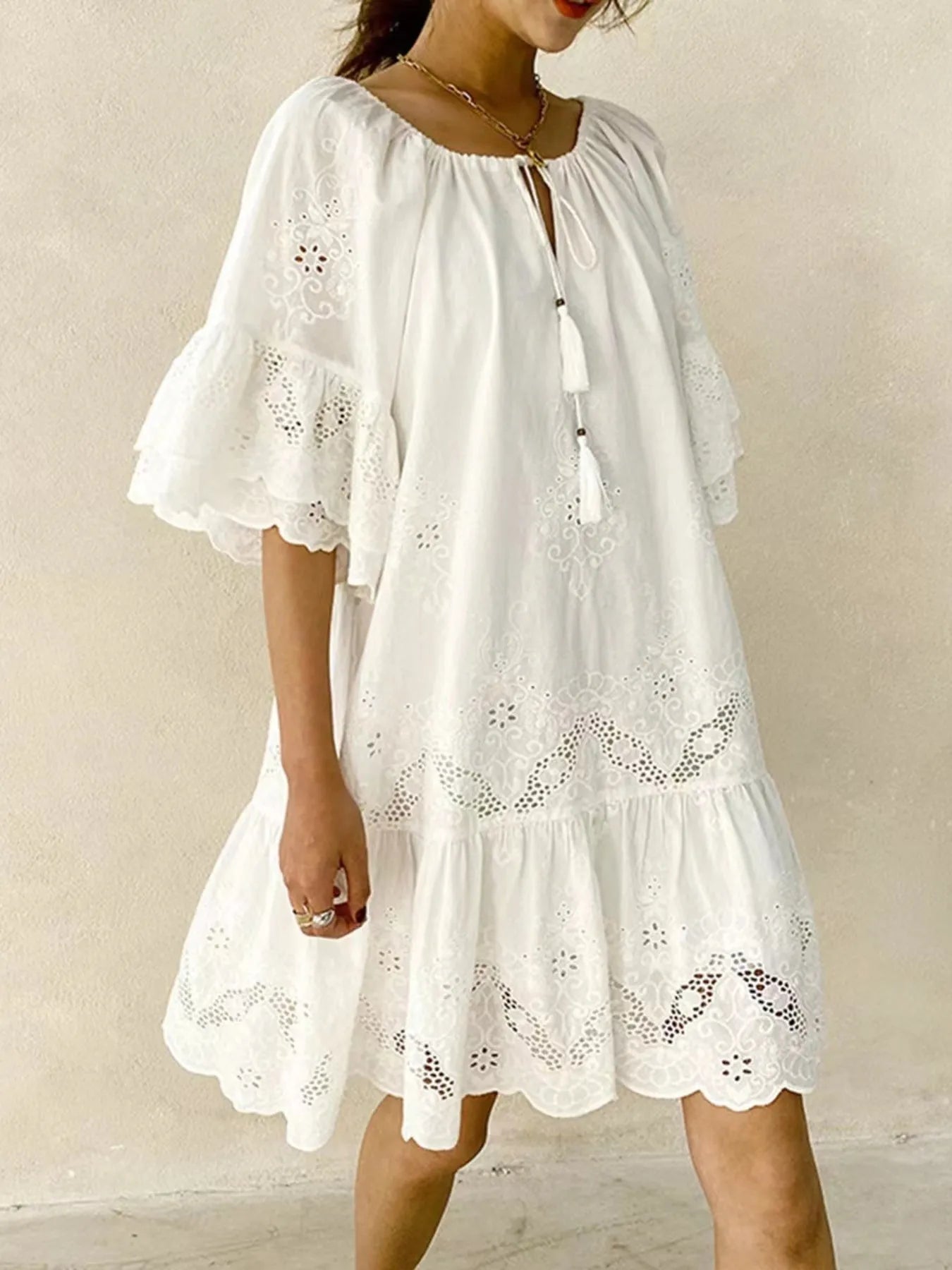 Eyelet Embroidered Tassel Tie Neck Dress Trendsi