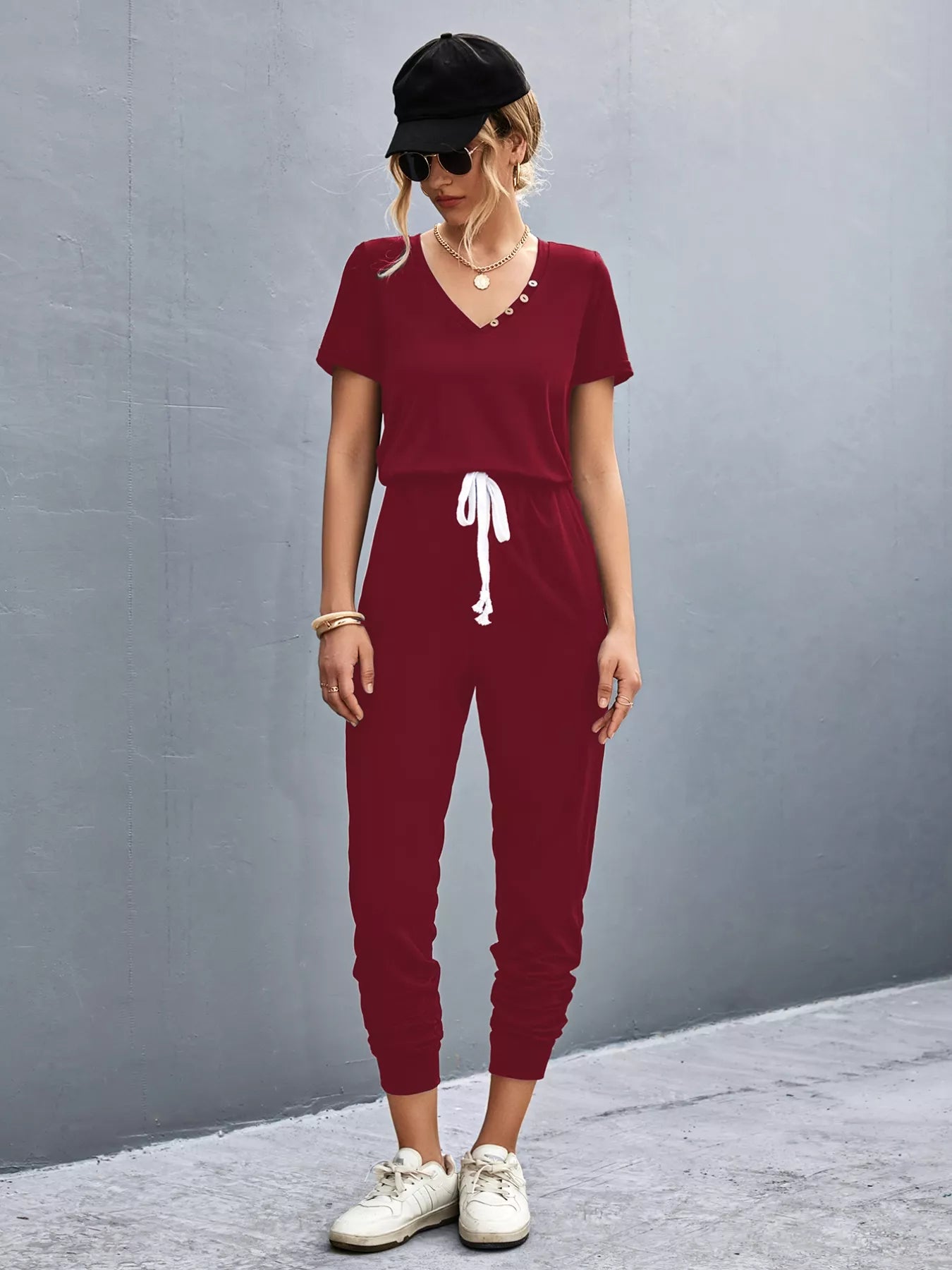 Casual V-Neck Short Sleeve Drawstring Waist Jumpsuit nicholesgifts