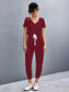Casual V-Neck Short Sleeve Drawstring Waist Jumpsuit nicholesgifts