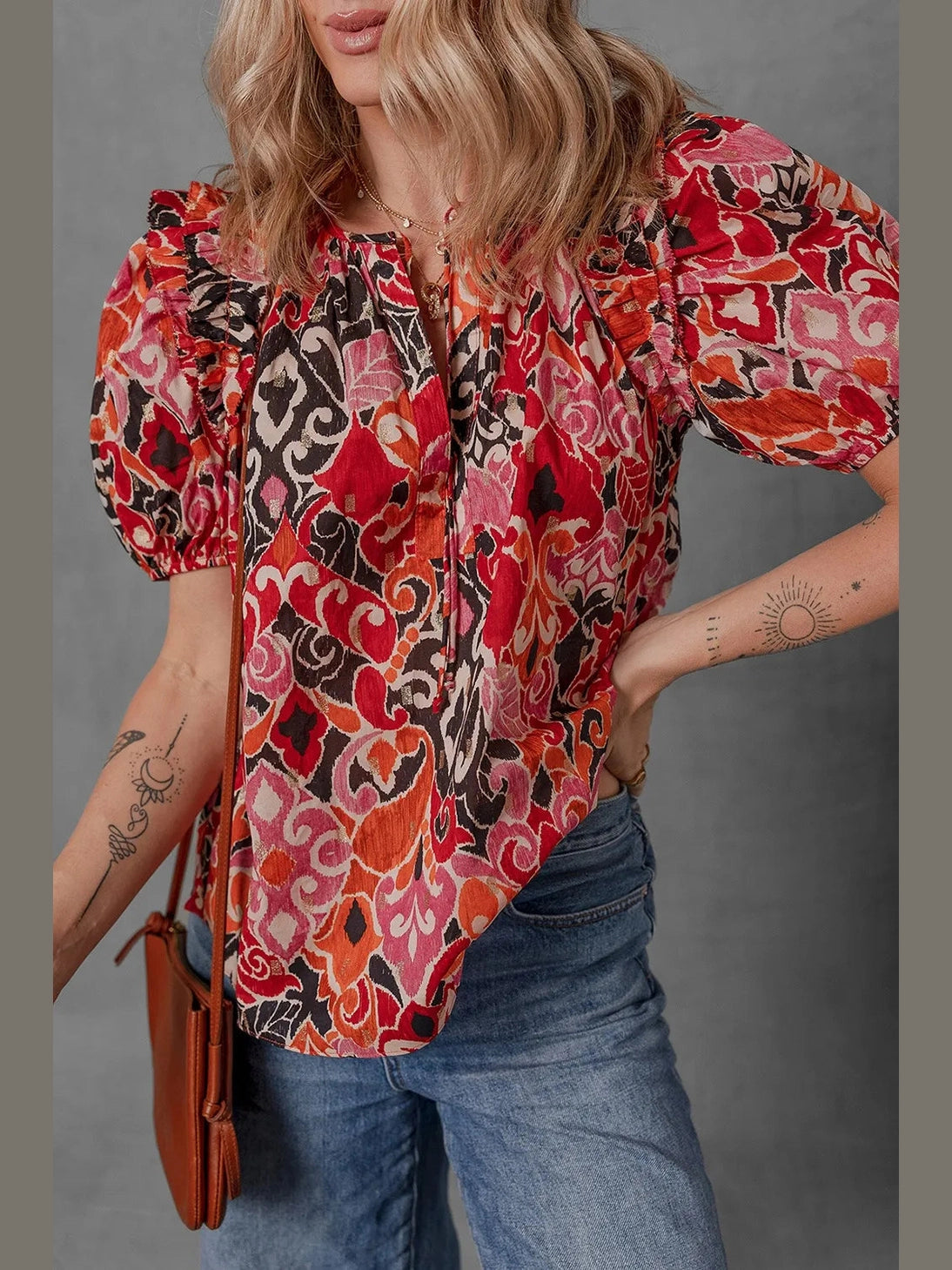 Ethnic Print Split Neck Short Puff Sleeve Blouse NicholesGifts