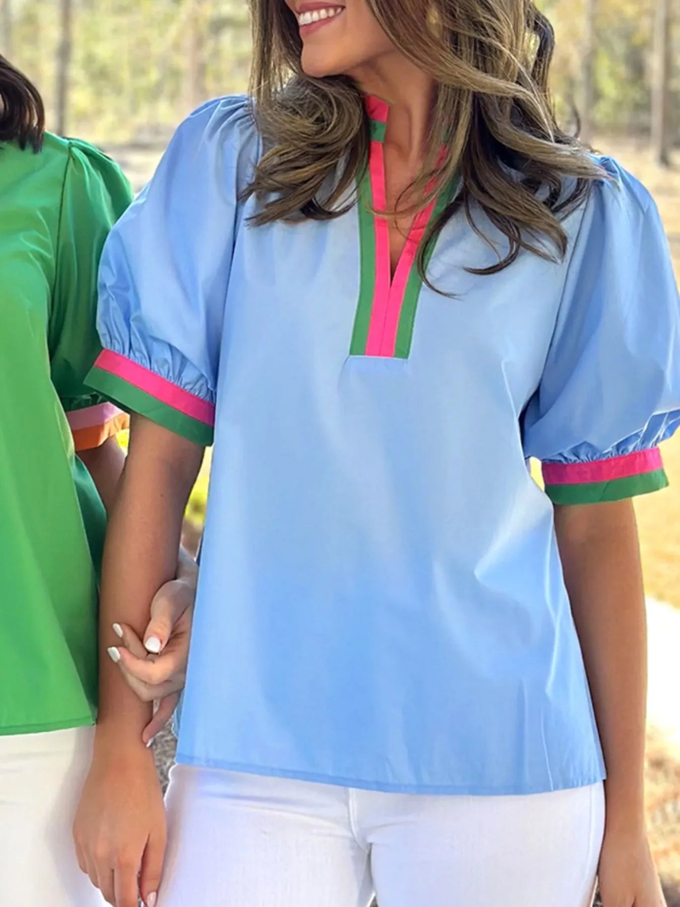 Contrast Trim Notched Short Sleeve Blouse NicholesGifts