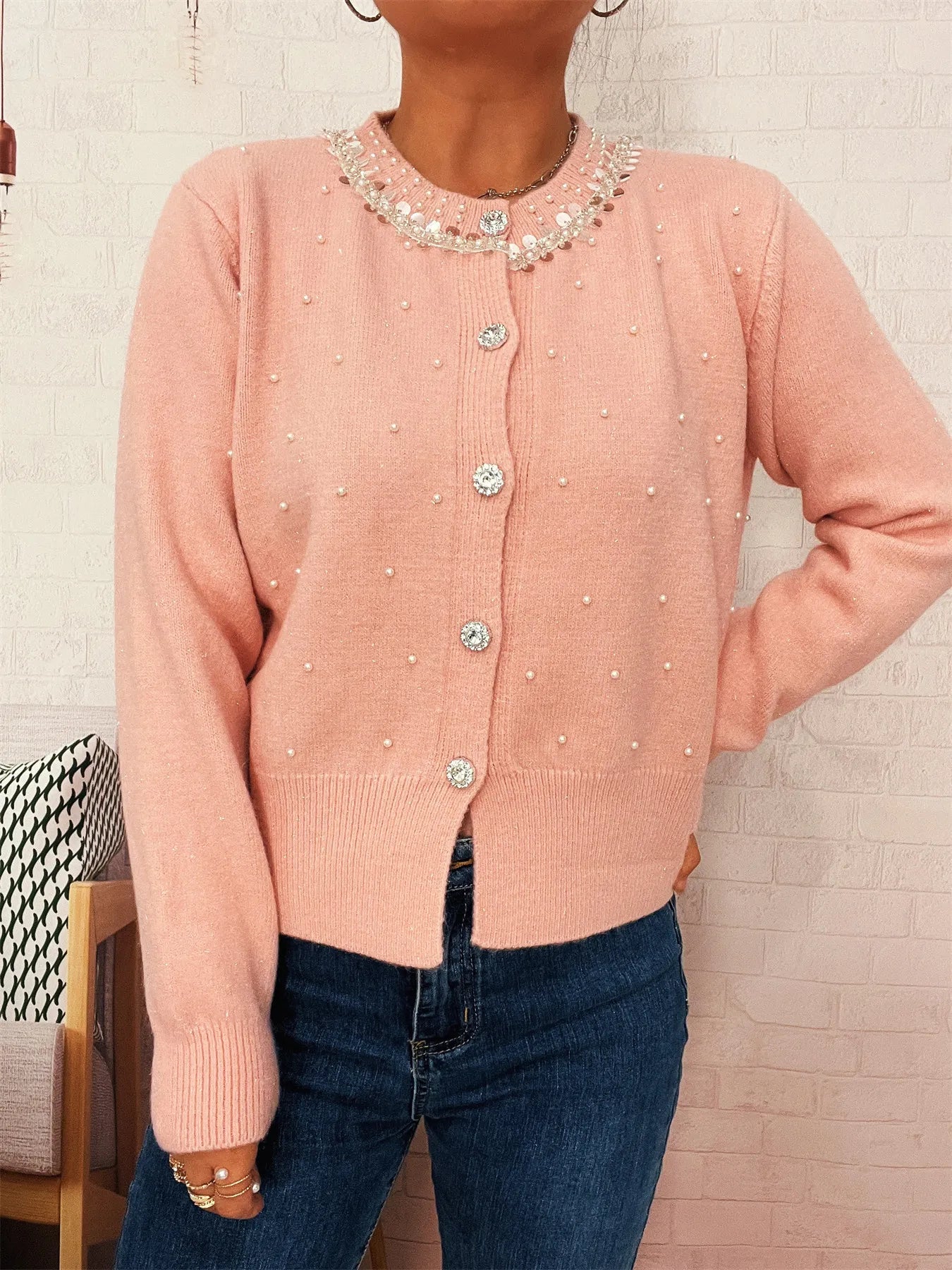 Pearl Detail Button-Front Cardigan NicholesGifts