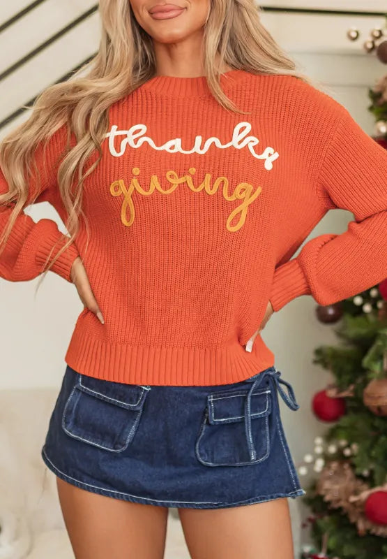 THANKS GIVING Round Neck Long Sleeve Sweater Trendsi