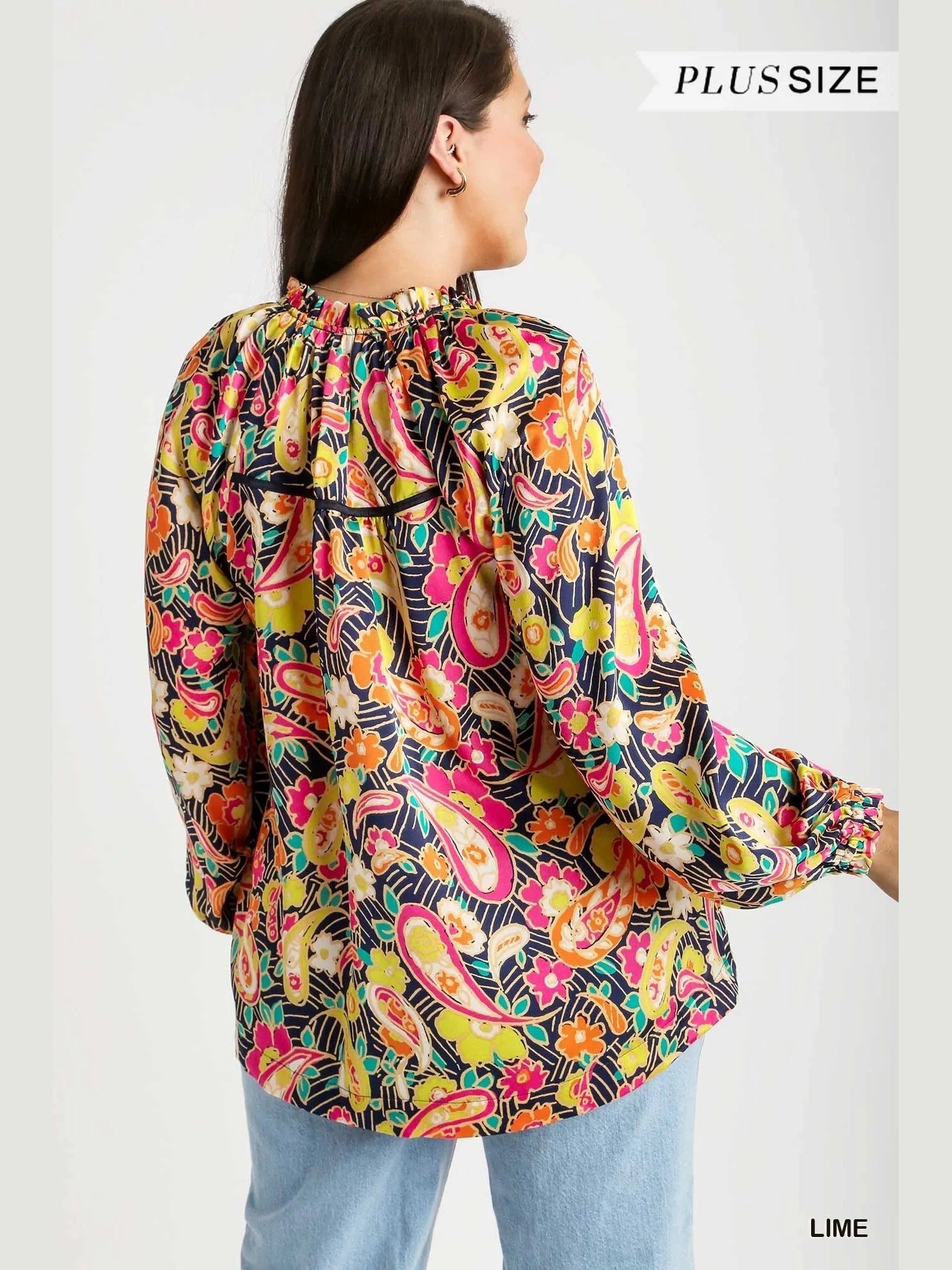 Umgee Full Size Satin Paisley Ruffle Neck Button-Up Shirt Plus Size NicholesGifts
