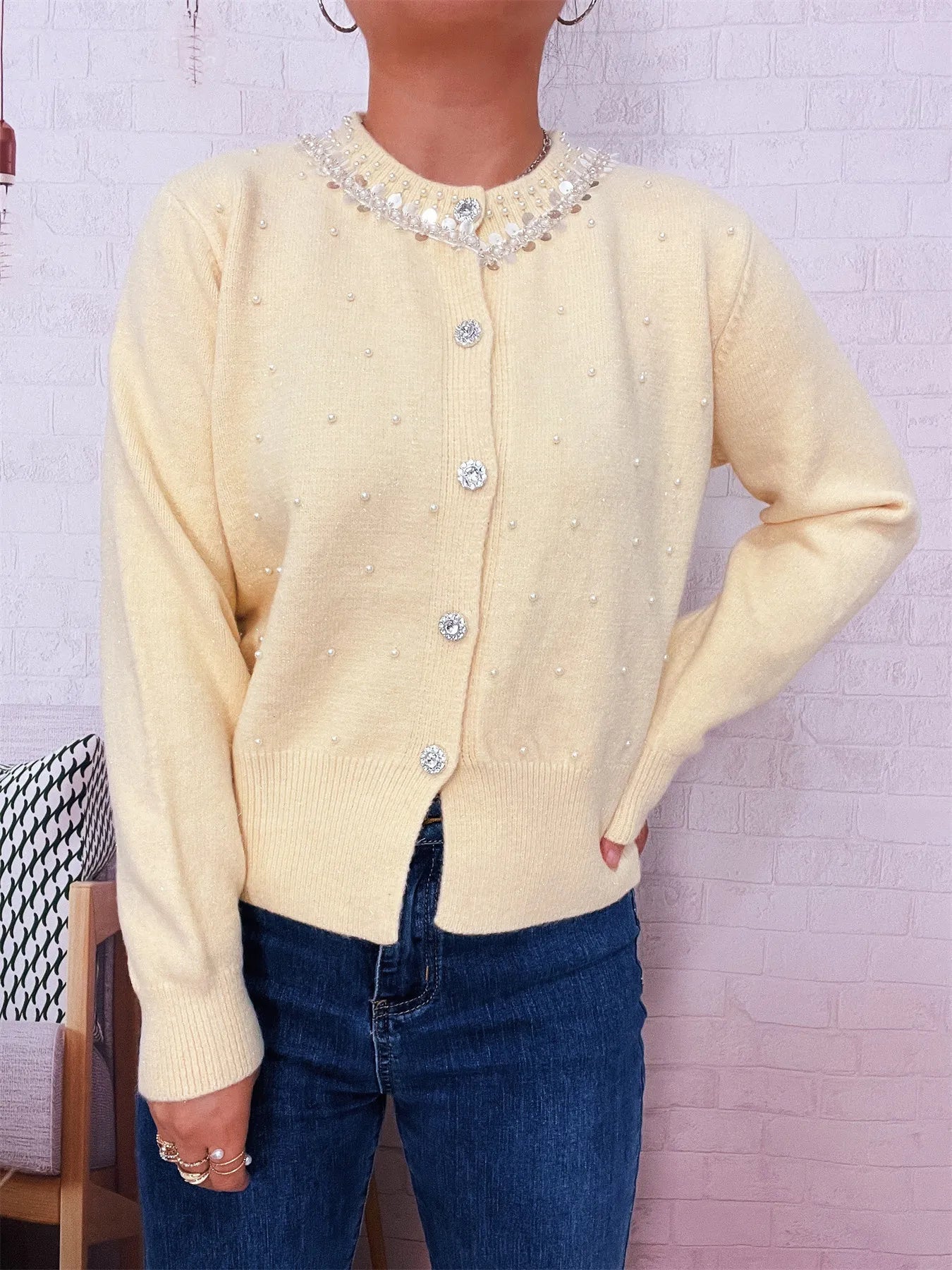 Pearl Detail Button-Front Cardigan NicholesGifts