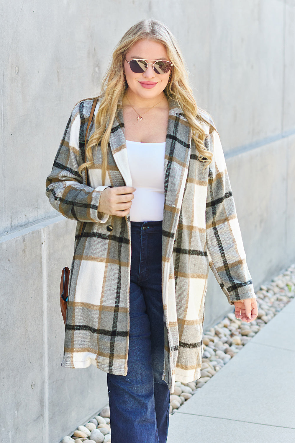 Double Take Full Size Plaid Button Up Lapel Collar Coat nicholesgifts