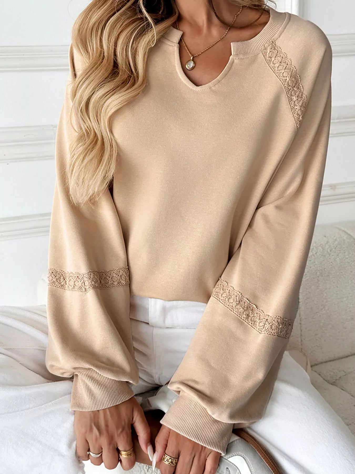 Lace Detail Notched Long Sleeve Sweatshirt Trendsi
