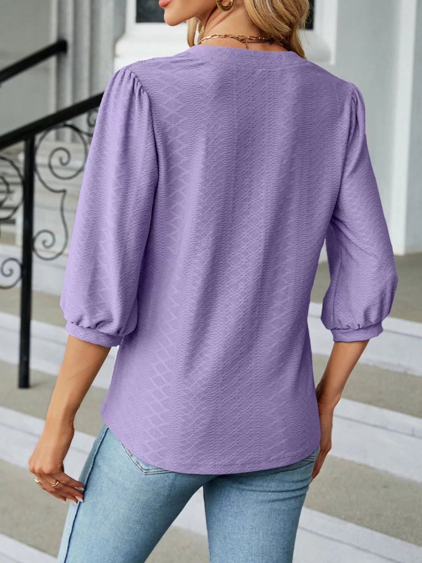 Notched 3/4 Sleeve Casual Top Trendsi