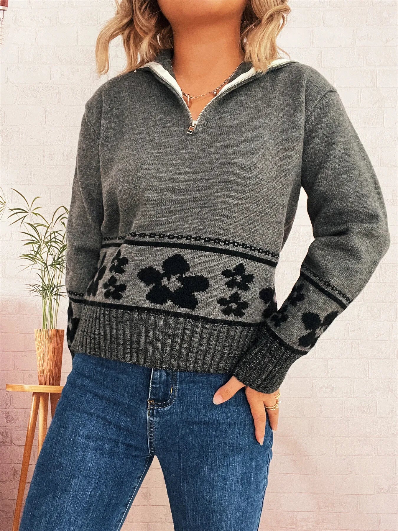 Flower Zip Collar Long Sleeve Sweater