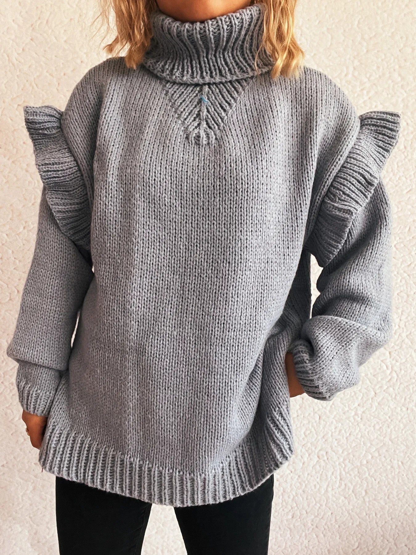Women Ruffled Turtleneck Long Sleeve Sweater
