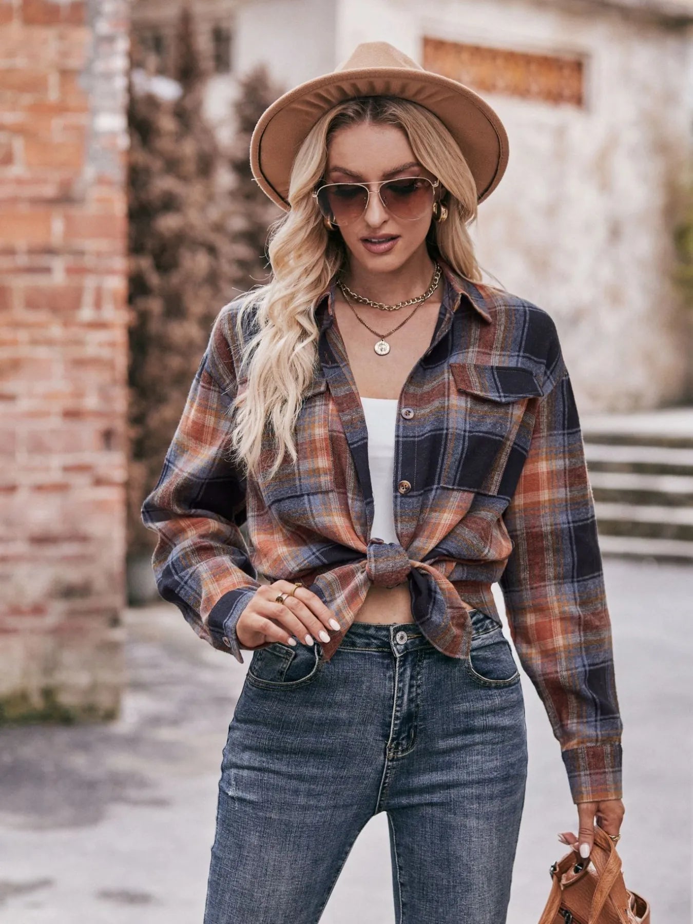 Plaid Button-Down Long Sleeve Shirt Trendsi