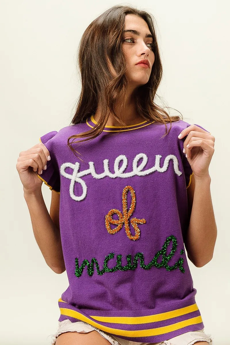 BiBi Queen Of Mardi Ruffled Armhole Sleeveless Knit Top
