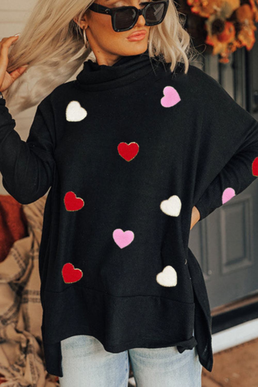 NicholesGifts Women Valentine’s Day Heart Patched Turtleneck Long Sleeve Top NicholesGifts