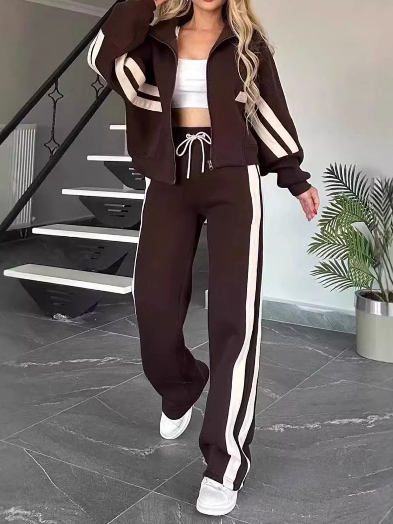 Full Size Contrast Stripe Zip Up Jacket and Pants Set Plus Size nicholesgifts