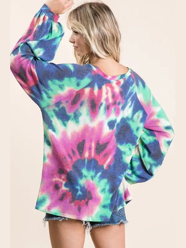 BiBi Tie Dye Print Terry Top with Puff Sleeves nicholesgifts