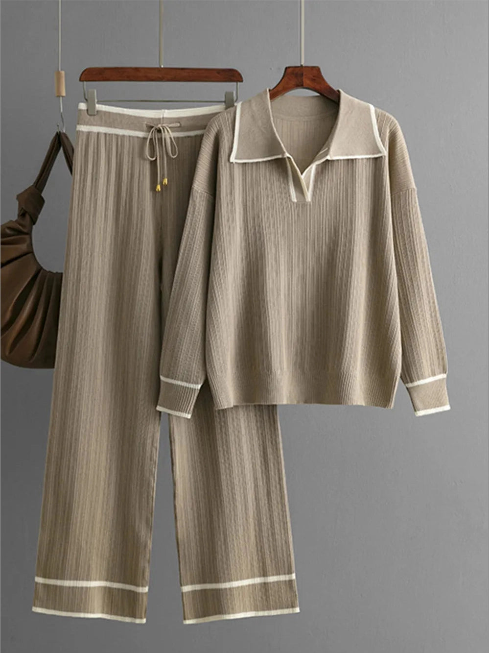Contrast Trim Johnny Collar Top and Drawstring Pants Sweater Set nicholesgifts