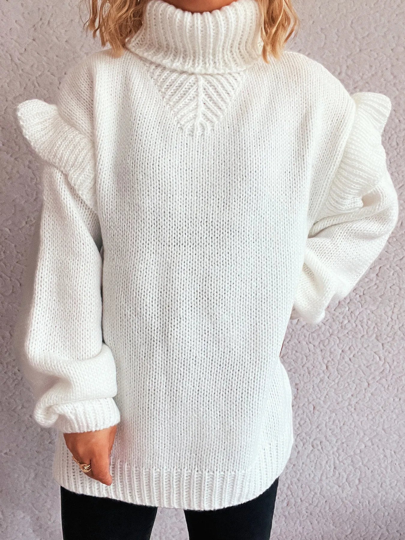 Women Ruffled Turtleneck Long Sleeve Sweater