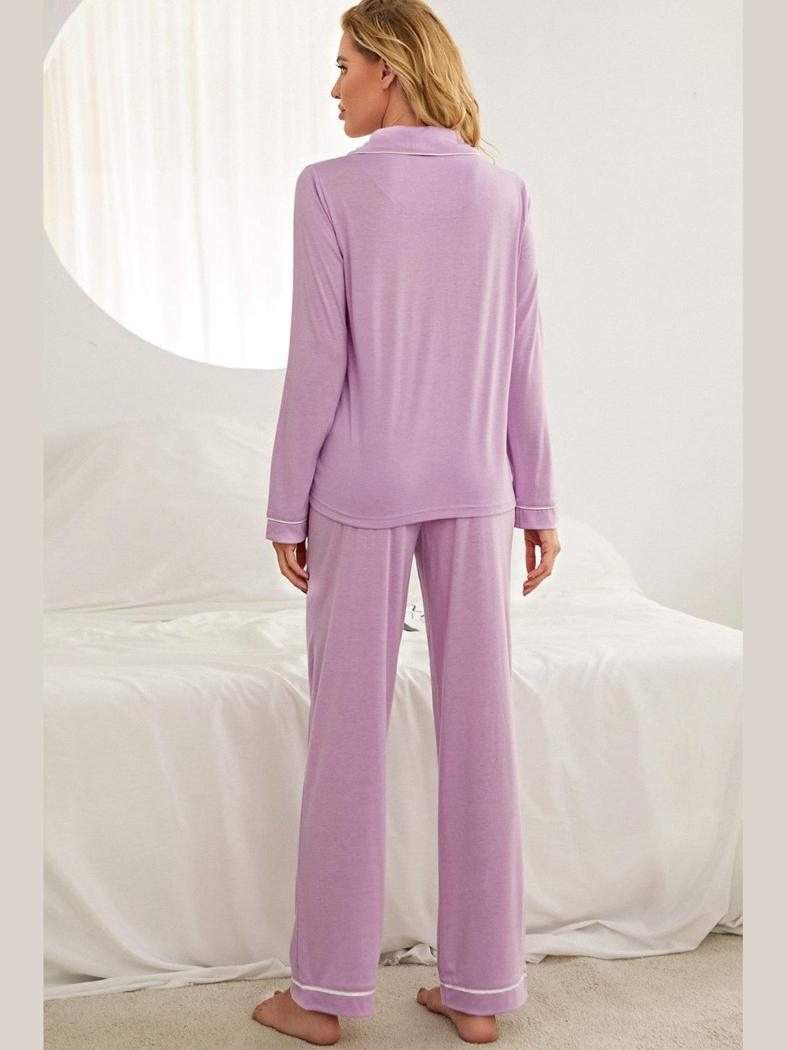 Contrast Piping Button Down Top and Pants Loungewear Set nicholesgifts