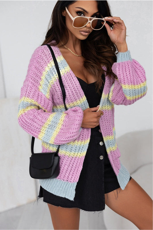 Women Striped Lantern Sleeve Dropped Shoulder Cardigan NicholesGifts