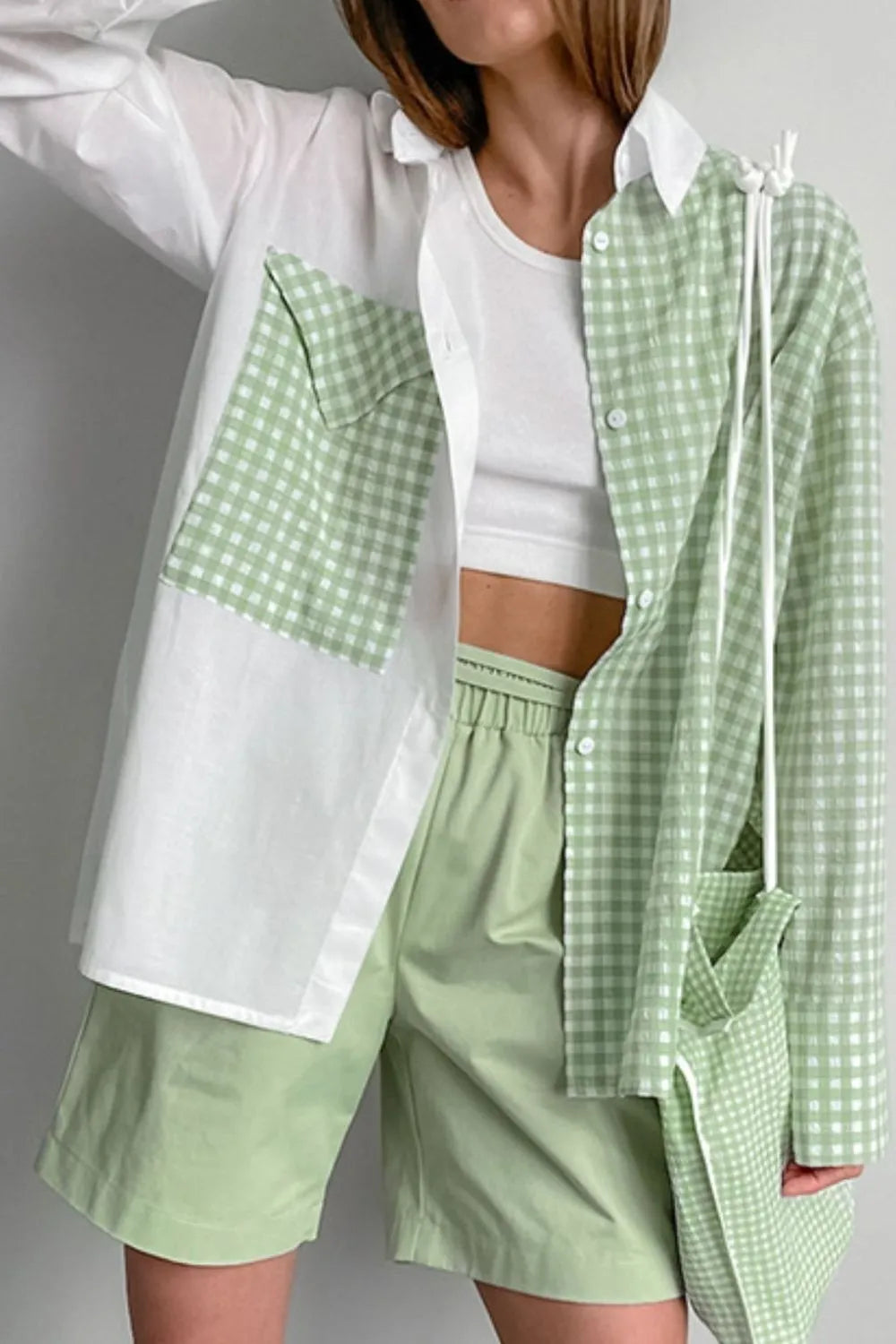 Two-Tone Plaid Button Down Long Sleeve Shirt Trendsi